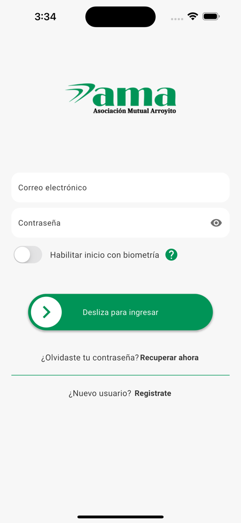 Billetera Virtual AMA - Login screen of the Billetera Virtual AMA app with fields for email and password and the Asociacion Mutual Arroyito logo