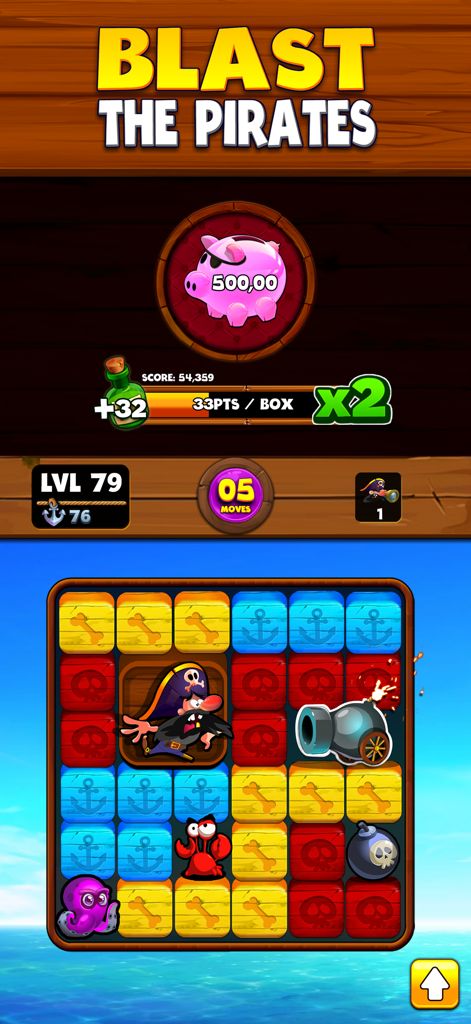Prize Blast - Um nível de puzzle de combinação de blocos com tema pirata no Prize Blast com um mealheiro de recompensa e vários personagens do mar