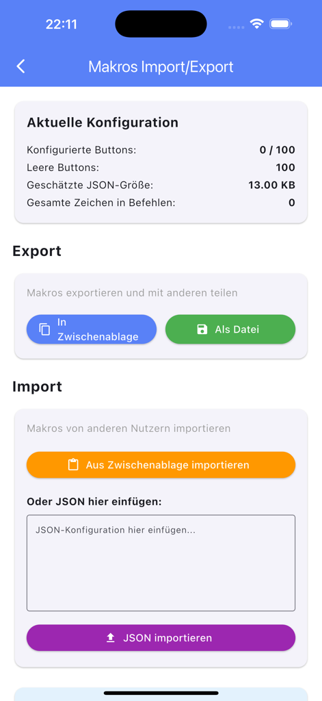 Macros import and export interface for Serial BLE Console showing JSON configuration settings