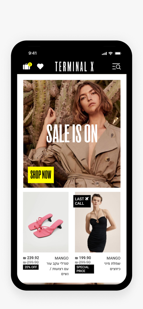 TERMINAL X - Terminal X mobile shopping app interface displaying a fashion sale banner and featured products from global brands