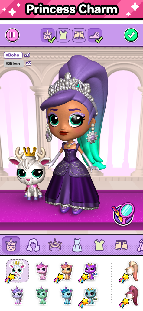 Go! Dolliz: Doll Dress Up Game - Muñeca virtual 3D con un vestido de princesa morado y un ciervo mascota