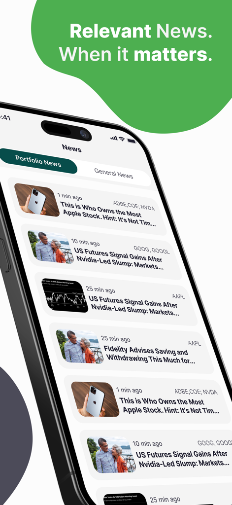 Zad Fintech - Zad Fintech app screenshot showing a mobile feed of real time stock market and investment news