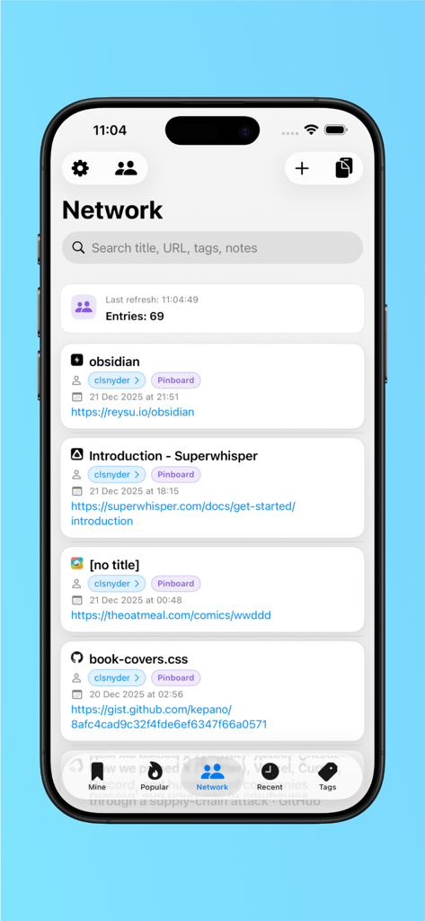 Pinmate for Pinboard - Screenshot of the Network feed in Pinmate for Pinboard showing a list of bookmarks and a search bar