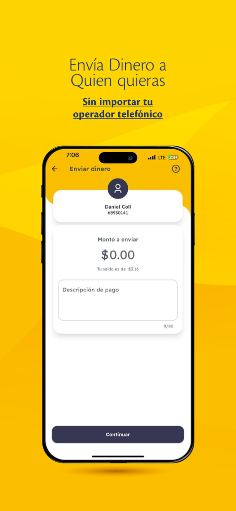 Billetera Tigo Money Guatemala - Smartphone screen of Billetera Tigo Money Guatemala showing the send money interface.