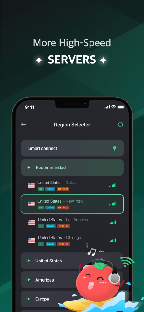 VPN Tomato Pro - Fast & Secure - VPN Tomato Pro interface showing a list of high speed servers in the United States optimized for gaming and streaming