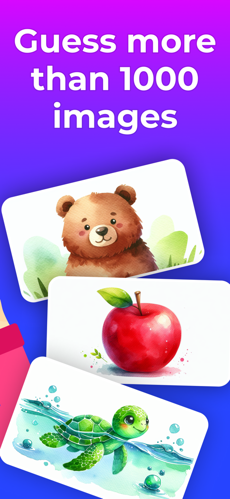 어린이 몸으로 말해요 앱 화면, 동물 및 음식과 같은 추측을 위한 1000개 이상의 이미지 카테고리를 보여줌