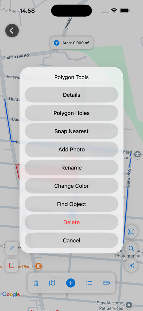UTM Geo Map Y2Tech - Polygon Tools menu in UTM Geo Map app interface with mapping options