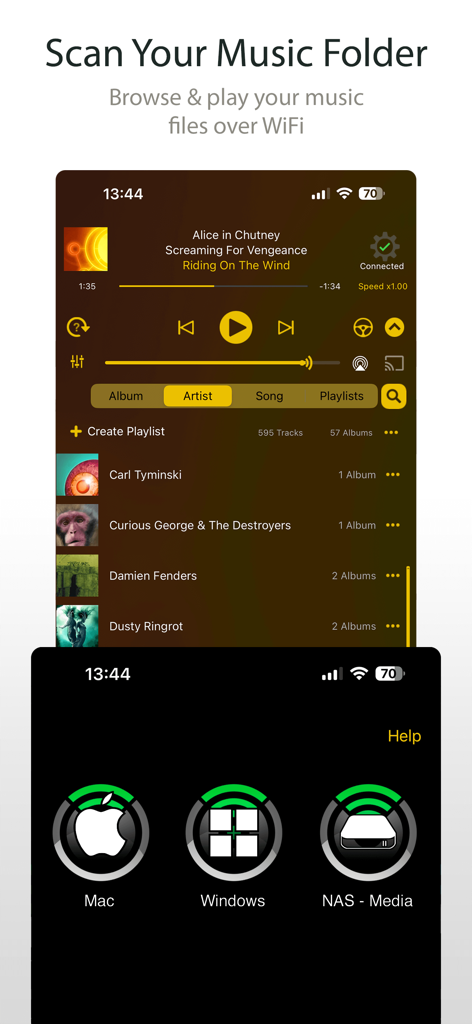 MusicStreamer app interface showing options to connect to music files on Mac, Windows, and NAS media servers over WiFi.