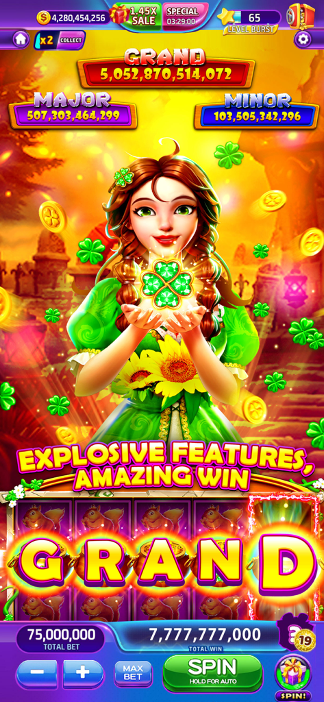 Lava Slots™- Casino Games - Una captura de pantalla del juego de casino Lava Slots con temática irlandesa que presenta un gran bote y un personaje de la suerte sosteniendo un trébol