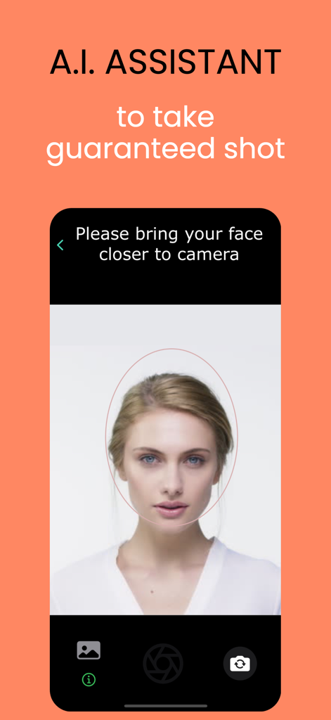Interface of Passport Photo Maker app showing AI assistant guiding a user to align their face for an ID photo