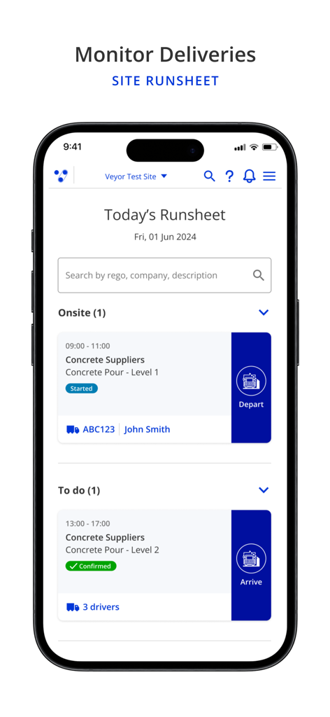 Veyor - A smartphone showing the Veyor app site runsheet for tracking construction deliveries