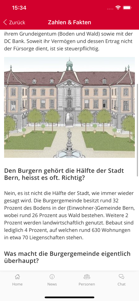 Fakten- und Zahlenbildschirm der BGnet-App mit einer Illustration eines historischen Gebäudes in Bern