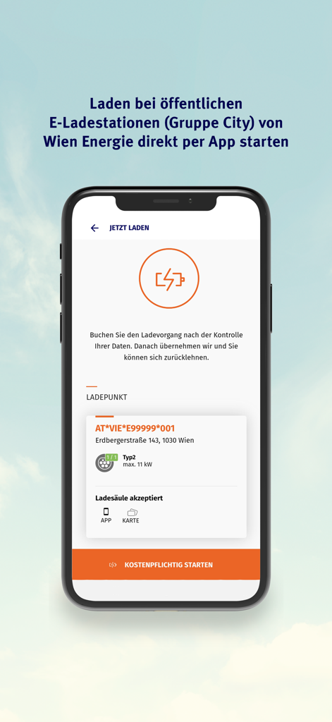 Wien Energie Tanke Business - Wien Energie Tanke Business app interface showing how to start an electric vehicle charging session at a public station