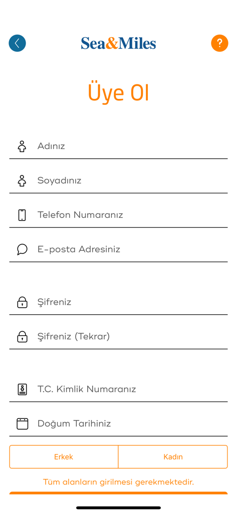 İDO Mobile - Registration form for the Sea and Miles loyalty program in the IDO Mobile app