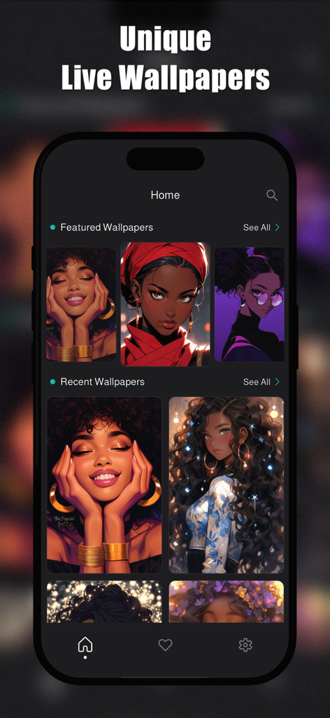 Melanin Wallpapers 4K | HD - A smartphone screen displaying the interface of the Melanin Wallpapers app with diverse artistic portraits of Black women.