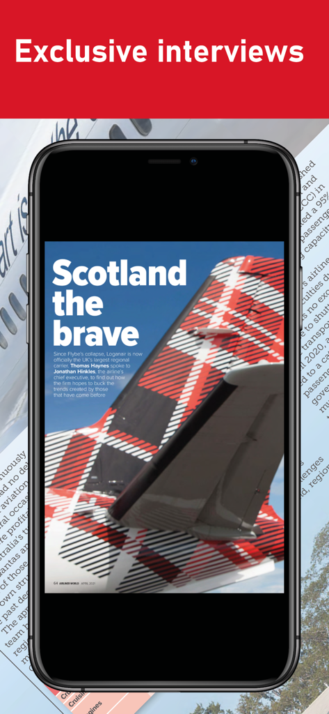 Airliner World Magazine - Smartphone che mostra un articolo di intervista esclusiva su Loganair nell'app Airliner World Magazine.