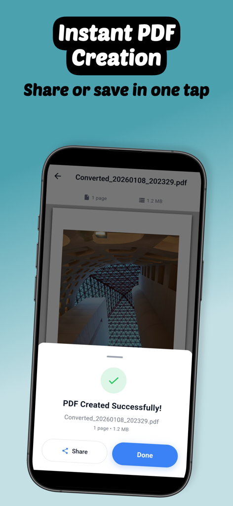 Convert to PDF - Image & Docx - iPhone screen showing a successful PDF creation confirmation with share and done buttons