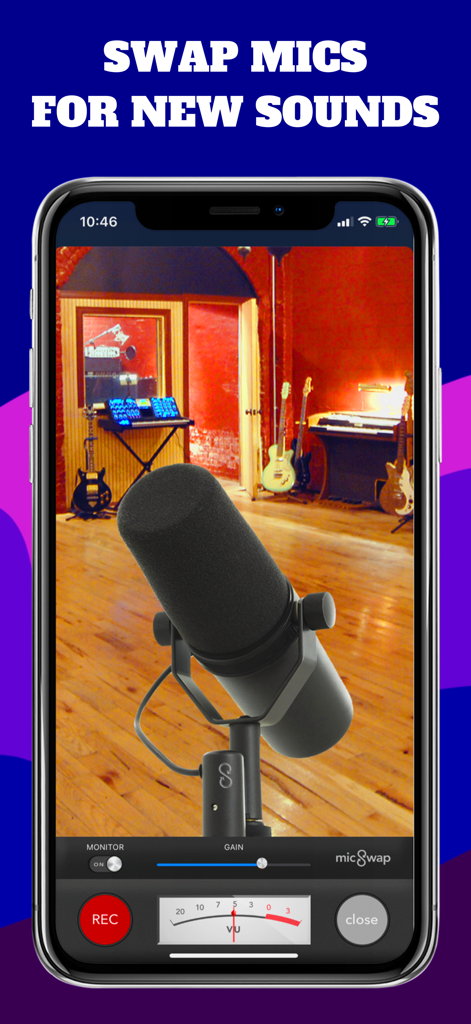 MicSwap MultiTrack Pro: Studio - Pantalla de smartphone que muestra la aplicación MicSwap MultiTrack Pro con un modelo de micrófono profesional en un estudio de grabación virtual.
