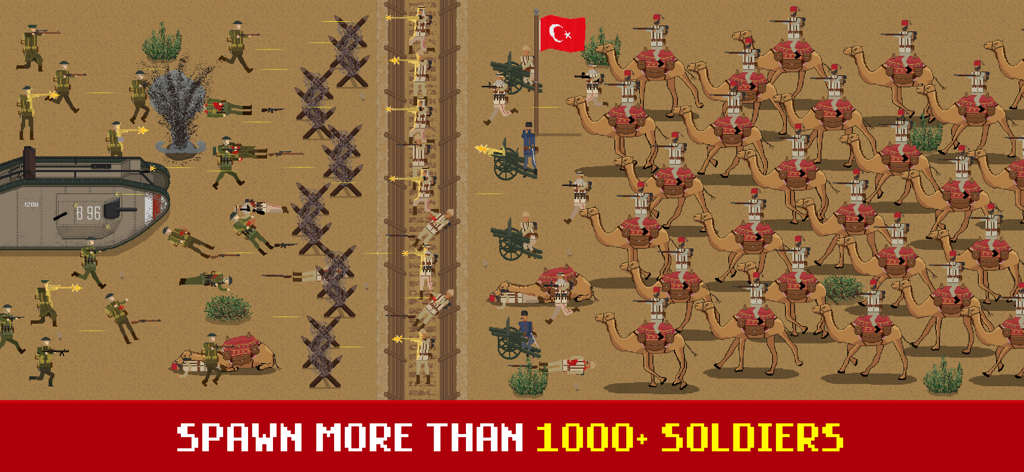 Trench Warfare WW1: Army War - Una escena de batalla pixel art de Guerra de Trincheras WW1 que muestra soldados, tanques y unidades de caballería de camellos en un enfrentamiento sandbox a gran escala