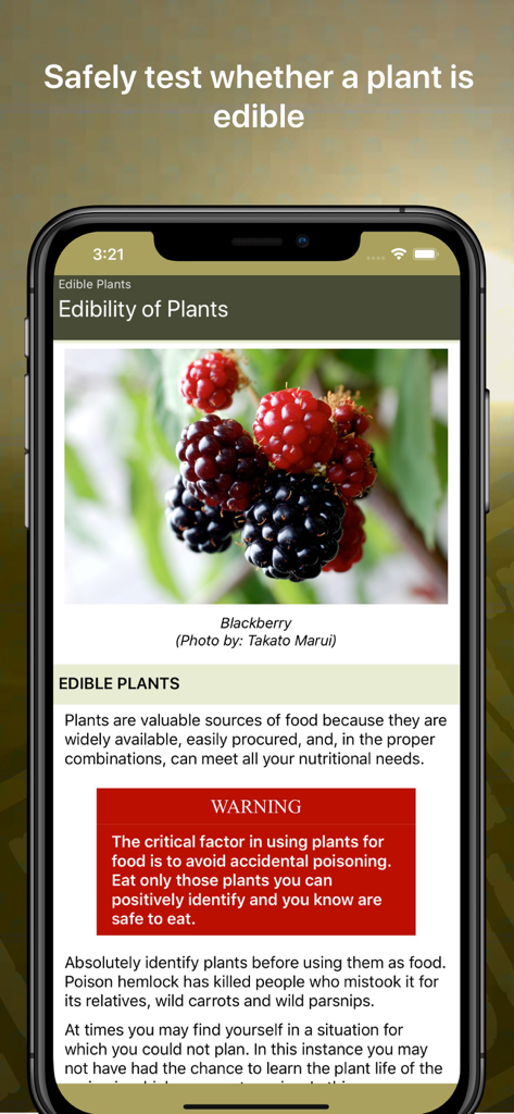 Wild Plant Survival Guide - Capture d'écran de l'application Guide de survie des plantes sauvages affichant des informations et des avertissements de sécurité concernant les plantes comestibles comme les mûres.