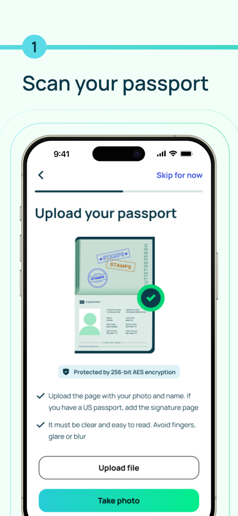 A screenshot of the iVisa app interface showing the passport scanning and upload feature for travel visa applications