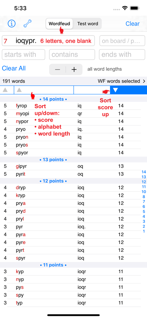 Svenska Words Finder Wordfeud - Screenshot of the Svenska Words Finder app displaying a list of Swedish words for Wordfeud sorted by point value