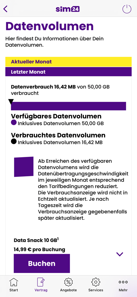 sim24 Servicewelt - Dashboard dell'app sim24 che mostra l'utilizzo dei dati mobili e le opzioni di ricarica
