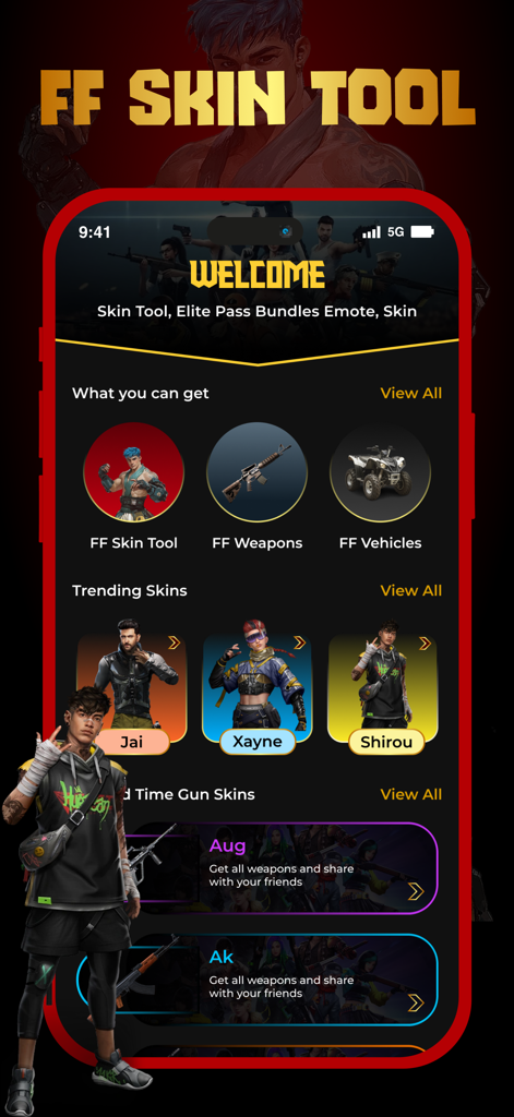 FF Skin Tools Elite Pass - Startbildschirm der FF Skin Tools Elite Pass App mit Charakter-Skins, Waffen- und Fahrzeugkategorien