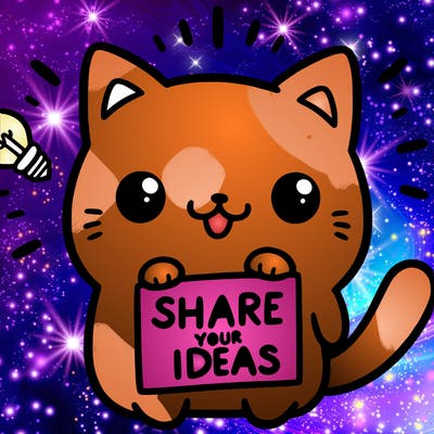 a cute cat saying share your ideas