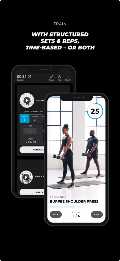 Gymshark Training and Fitness - Interface der Gymshark Training App zeigt strukturiertes Tracking von Sätzen und Wiederholungen neben video-geführten Übungen