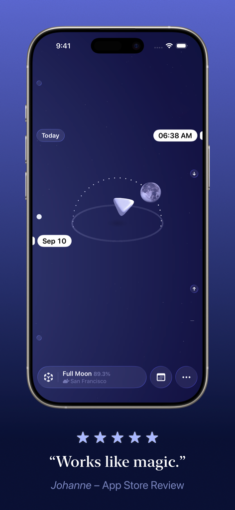 iPhone screenshot of the Moonlitt app featuring a 3D moon path visualization and a five-star App Store review stating Works like magic.