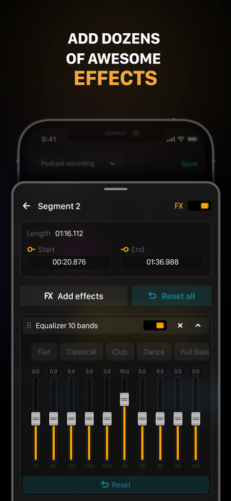 Audio One: Multitrack Editor - Interface de l'application Audio One montrant un égaliseur 10 bandes et les paramètres des effets de segment audio