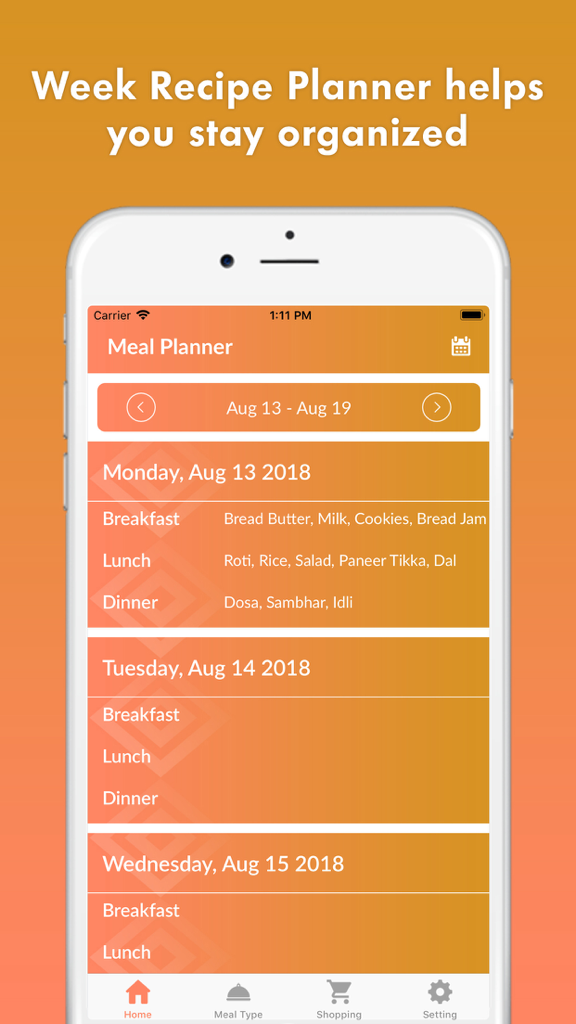 Weekly meal planner app showing breakfast lunch and dinner schedule on an iPhone screen