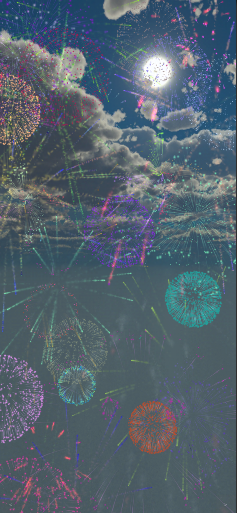 불꽃놀이 탭에서 구름 낀 하늘 위로 터지는 생동감 넘치는 멀티 색상의 불꽃놀이.