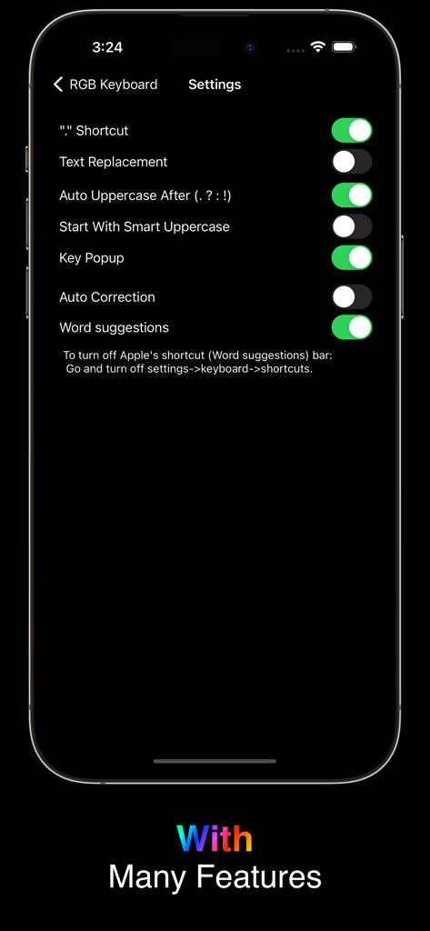 RGB Keyboard - RGB Keyboard app settings menu with multiple customization options