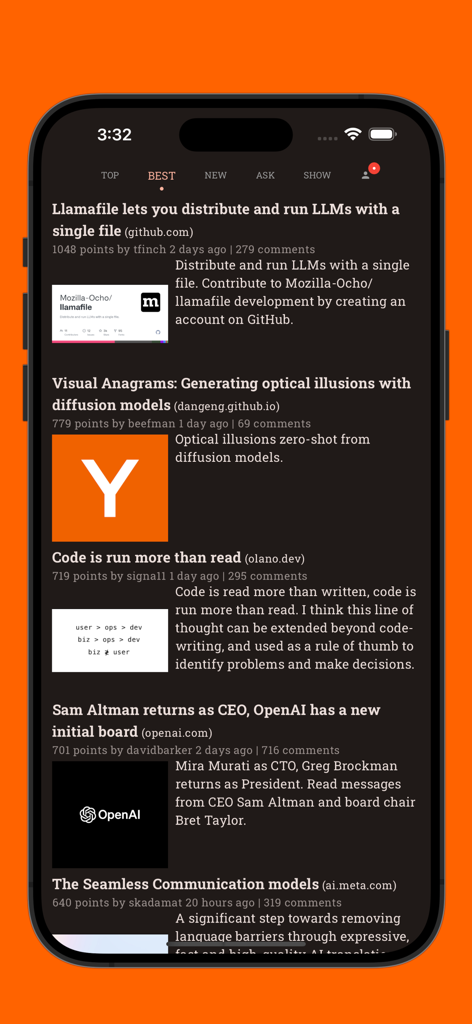 Hacki app interface displaying the Best stories feed from Hacker News in dark mode