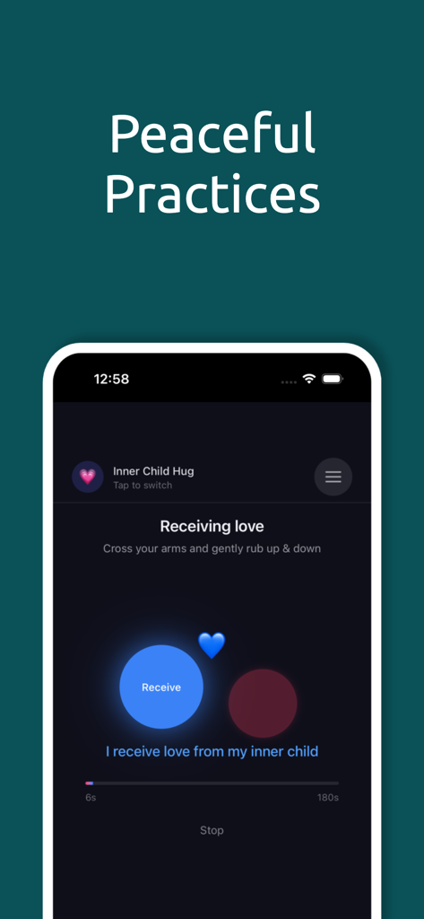 Regulator - Screenshot of the Regulator app displaying the Inner Child Hug somatic practice for emotional regulation and receiving love.
