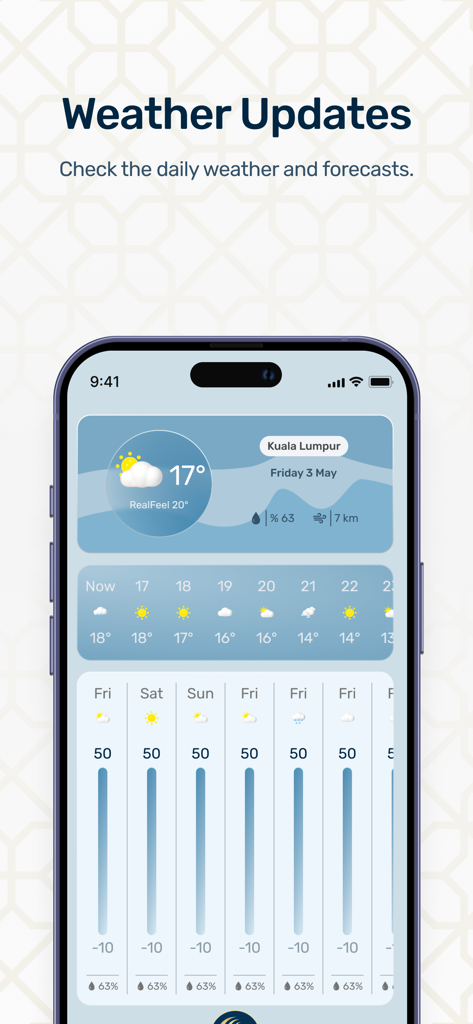 Hilal: TV-Content, Athan-Qibla - A mobile interface from the Hilal app displaying daily weather updates and forecasts