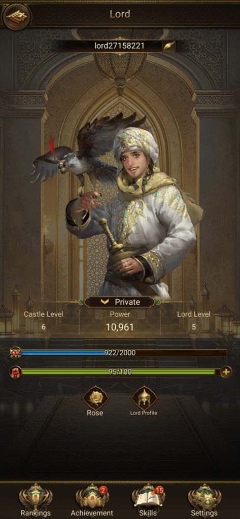 Character profile screen in Revenge of Sultans showing a sultan holding a falcon with game stats and power levels