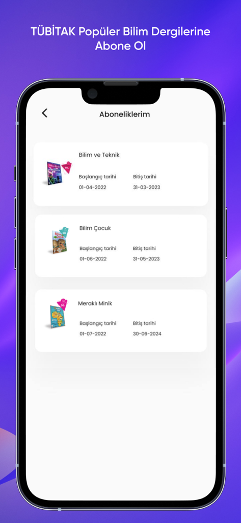Interface showing active subscriptions for popular science magazines including Bilim ve Teknik and Bilim Cocuk in the TUBITAK app.