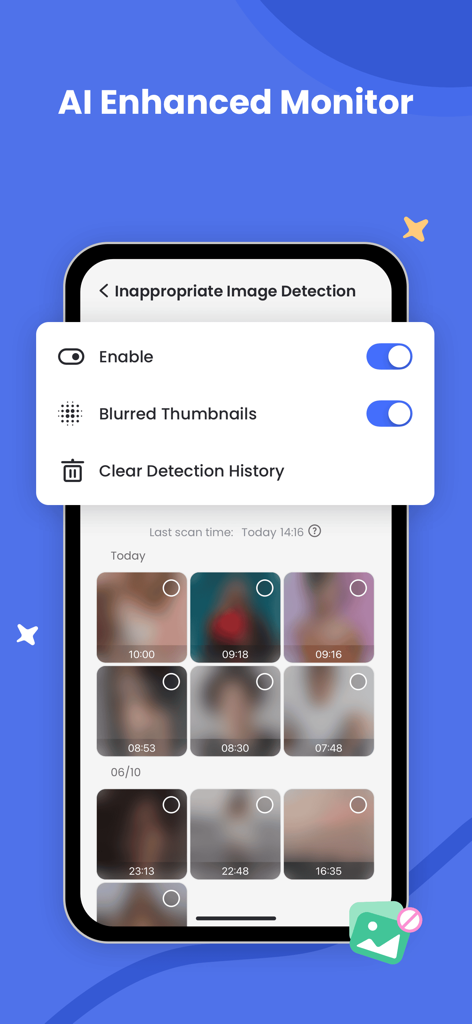 AirDroid Parental Control screen showing AI inappropriate image detection with blurred photo thumbnails