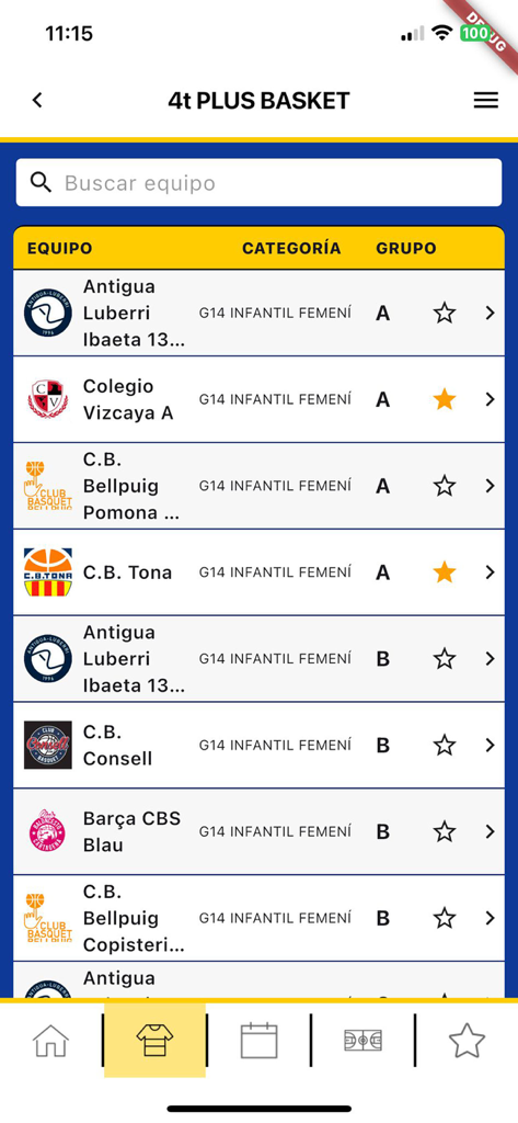 MNSport - A list of youth basketball teams and their competition categories within the MNSport tournament app