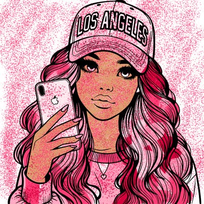 realistic beautiful girl wearing los ángeles cap holding an iphone