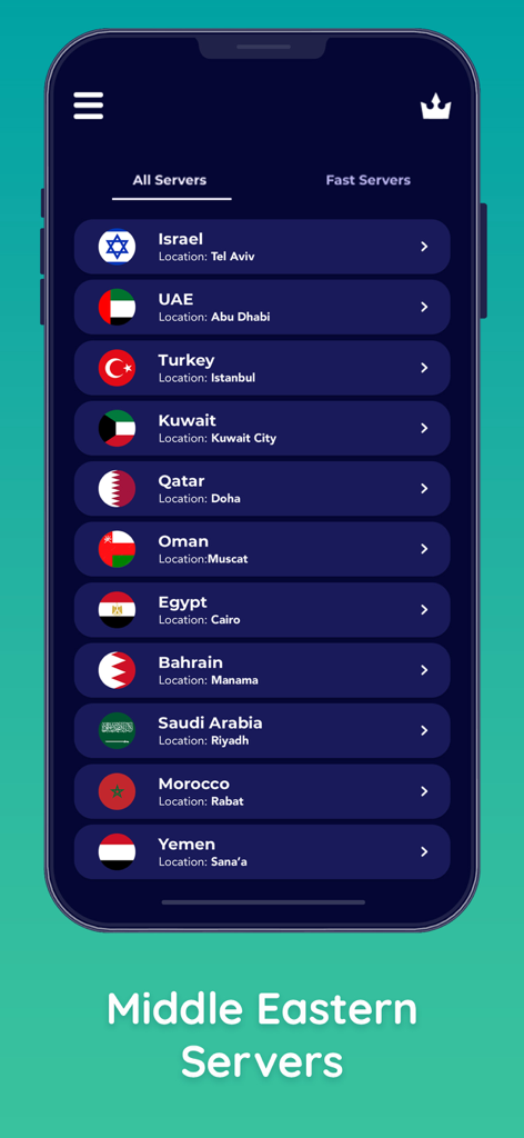 Tela do iPhone exibindo uma lista de locais de servidores do Oriente Médio no aplicativo Von VPN, incluindo Emirados Árabes Unidos, Arábia Saudita e Turquia