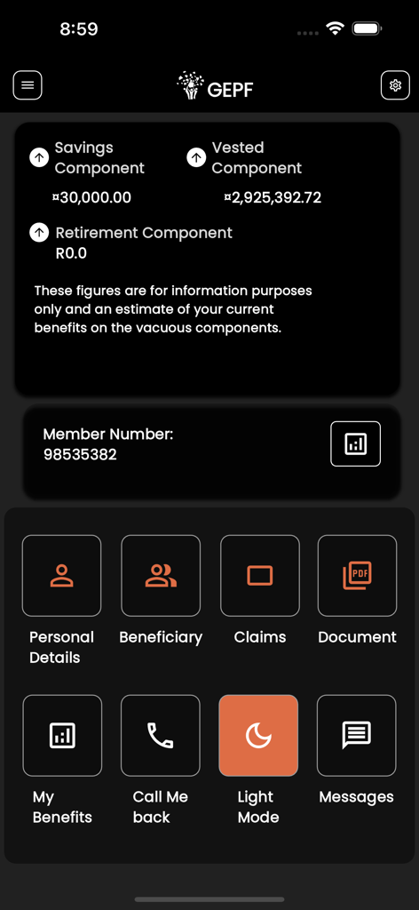 GEPF Self Service - GEPF Self Service app dashboard showing pension fund components and navigation icons