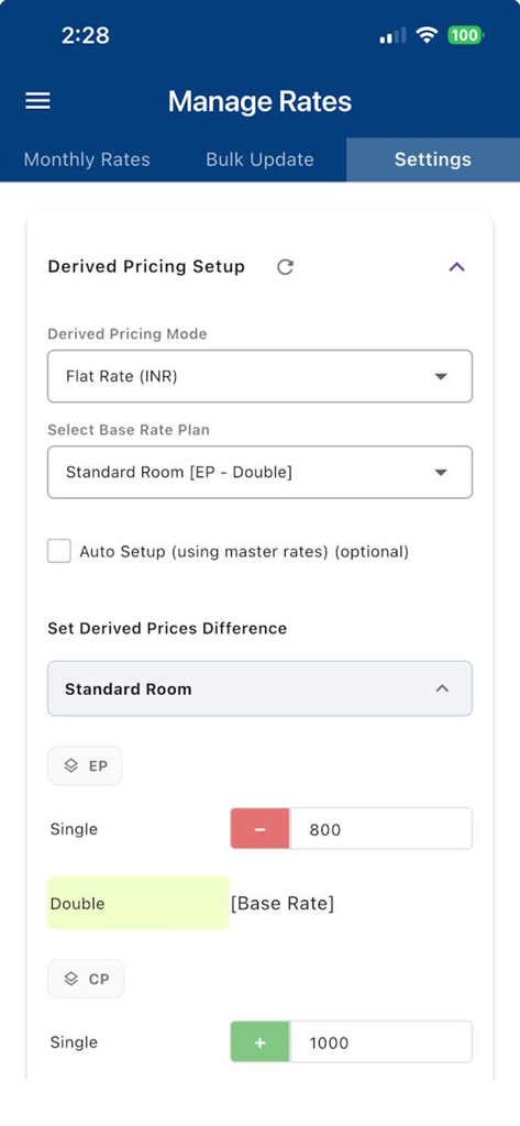 eGlobe PMS - eglobe pms mobile app interface for managing derived pricing and room rates