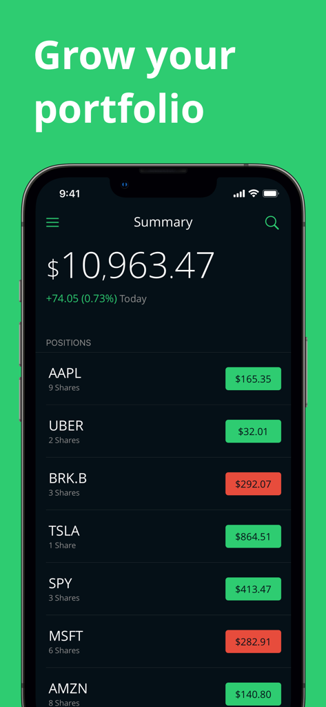 MarketSim - MarketSim mobile app interface displaying a virtual stock portfolio summary with stock symbols and live prices
