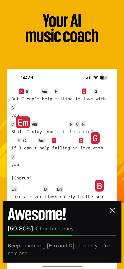 Screenshot of Ultimate Guitar app showing AI music coach feature with chord accuracy feedback during a practice session