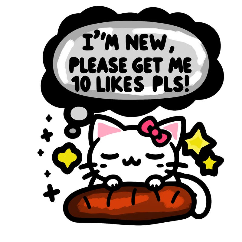 kitty taking a nap dream talking and saying "i'm new, please get me at least 10 likes pls!!"