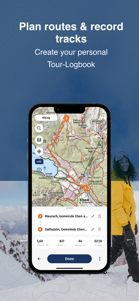 KOMPASS Outdoor & Hiking Maps - The KOMPASS app interface showing a detailed topographic map with a planned hiking route and tour statistics.